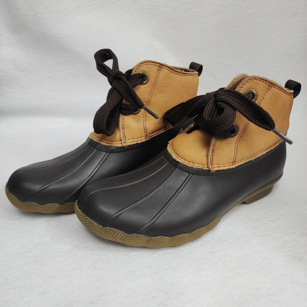 Sperry Saltwater 2-Eye STS84823 Women US 9 Duck Boots Black Brown Leather Rubber